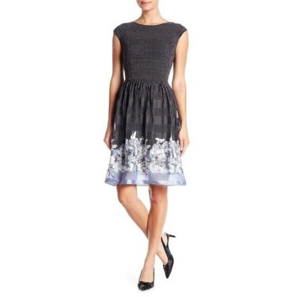 Max Studio Dress Smocked Fit & Flare Polka Dot Floral Hem Chiffon Midi SZ M New